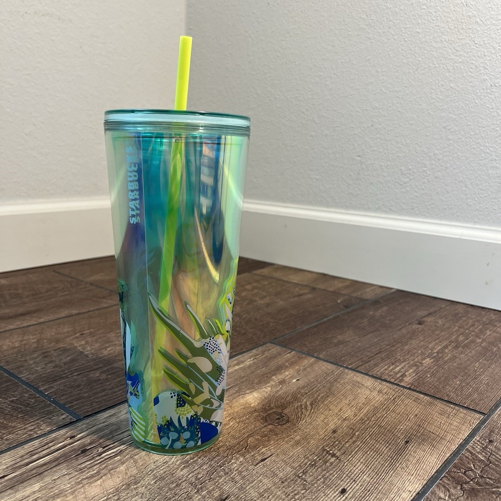Starbucks Canna Lily Iridescent Tumbler with Butterfly Straw Topper 2024 Green